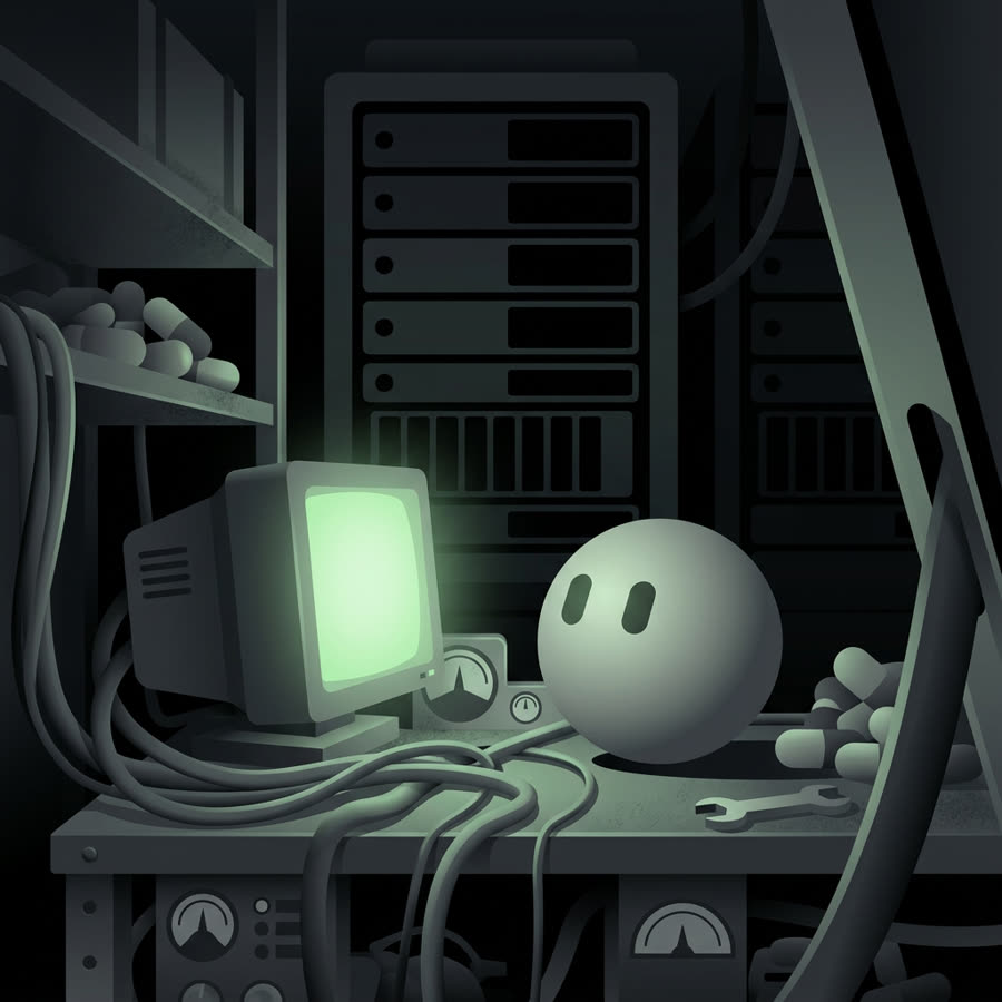 Botcoin on a workbench beside a glowing monitor